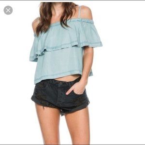 Free People Blue Off-the-shoulder Chambray Top M